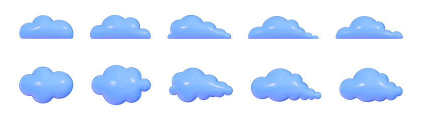 Delightful collection of 3D inflated blue clouds featuring a playful retro bubble design. These clouds vary in size and shape, offering a whimsical touch to artistic creations.