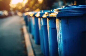 Row of Blue Recycling Bins in an Outdoor Urban Environment at Sunset