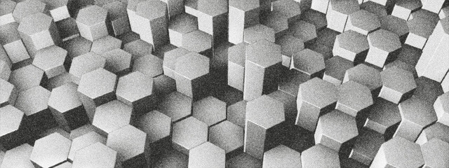 A high-contrast representation of a dense field of hexagonal columns in varying heights creates a striking visual effect. The noise texture adds a vintage computer graphic feel.