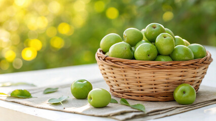 Green Jujube in wicker basket on white surface in natural warm sunlight background