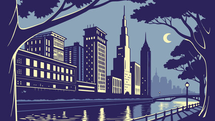 Night cityscape illustration urban waterfront scene at dusk modern buildings river trees moon bridge vintage poster design graphic art stylized city skyline calm water reflection eveni.