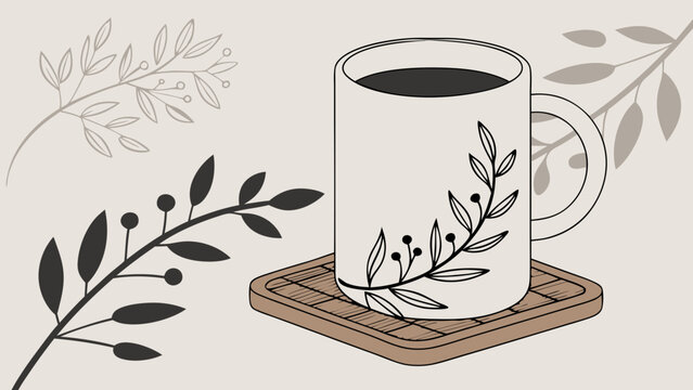 Mug with floral design on coaster coffee tea beverage morning breakfast drink hot drink cozy relaxing autumn winter minimalist simple elegant botanical leaves branches illustrat.