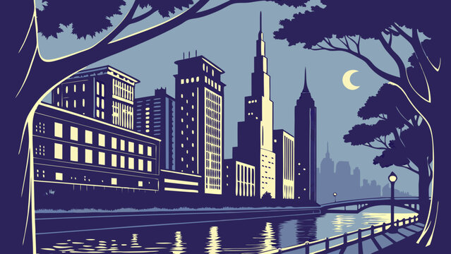 Night cityscape illustration urban waterfront scene at dusk modern buildings river trees moon bridge vintage poster design graphic art stylized city skyline calm water reflection eveni. - Powered by Adobe