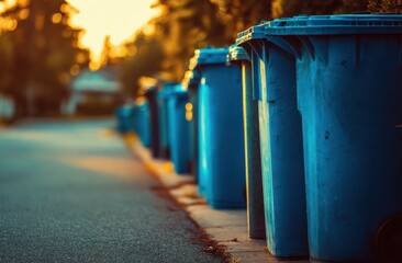 Row of Blue Recycling Bins on Sidewalk in Suburban Neighborhood During Sunset