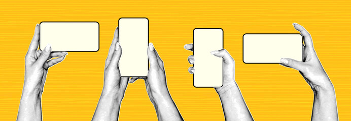 Four pairs of hands grip smartphones with blank screens, positioned on a vibrant yellow background, illustrating varied orientations that emphasize communication and technology.