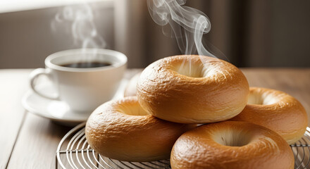 Start your morning right with a delicious bagel and steaming hot coffee - the perfect breakfast combo for a cozy and productive day at home or in a cafe