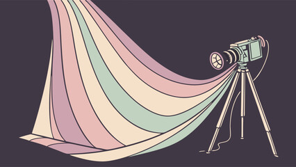 Camera on tripod with rainbow light streaks emanating from the lens.