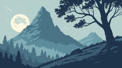 Nighttime Mountain Landscape with Full Moon and Silhouette Tree.