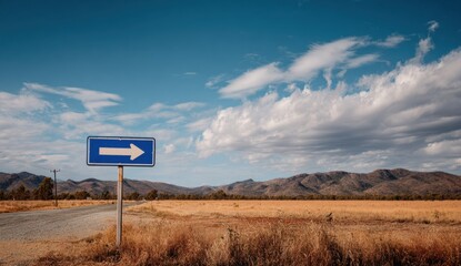 Rural landscape with a blue directional road sign pointing right under a partly cloudy sky