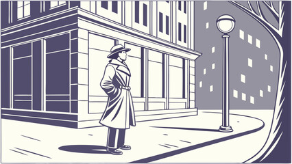 Noir Style Illustration of a Figure Standing on a City Street.