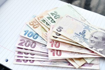 Turkish lira banknotes on the table. Business and finance concept.