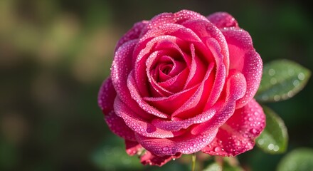 A breathtaking, vibrant pink rose is intricately detailed, its velvety petals covered in glistening water droplets, sparkling under gentle light. The magnificent bloom, in sharp focus, unfurls elegant