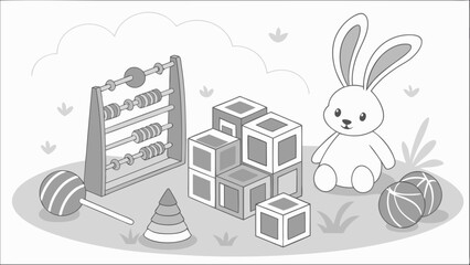 Childrens toys educational games cute bunny blocks abacus lollipop balls nursery preschool learning playful illustration grayscale vector illustration kids room decor monochrome ch.