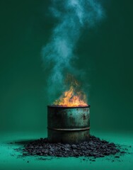 Rusty barrel with fire and smoke rising, surrounded by black debris on green