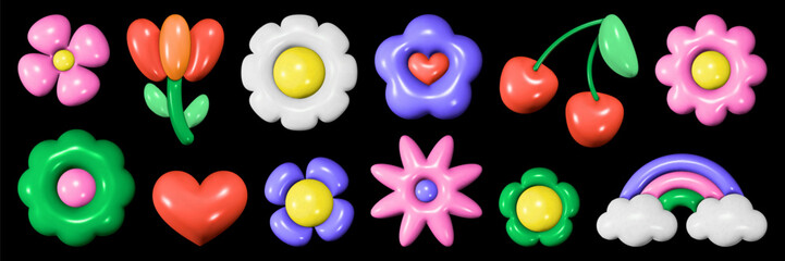 A collection of twelve glossy 3D graphic objects shows a vibrant assortment of flowers, hearts, cherries, and a rainbow.