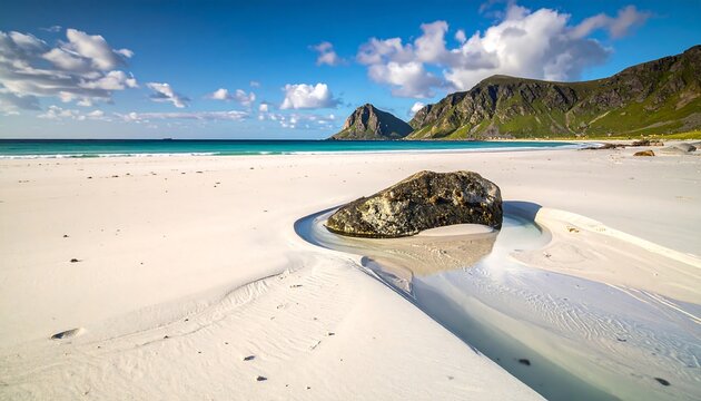 Picturesque view of an empty white sand beach with mountains - Powered by Adobe