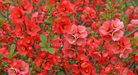 A captivating display of vibrant red and soft pink blossoms covers a lush bush, featuring delicate petals and bright golden yellow centers. Scattered amongst the colorful blooms are fresh green leaves