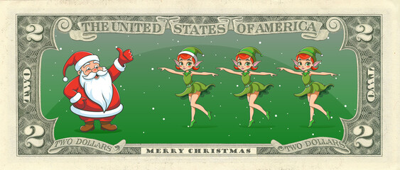 Cheerful cartoon Santa Claus with dancing lady elves. Reverse of US 2 dollars banknote. Merry Christmas. Greenback. Toon holiday game paper money. Festive note. Monetary illustration