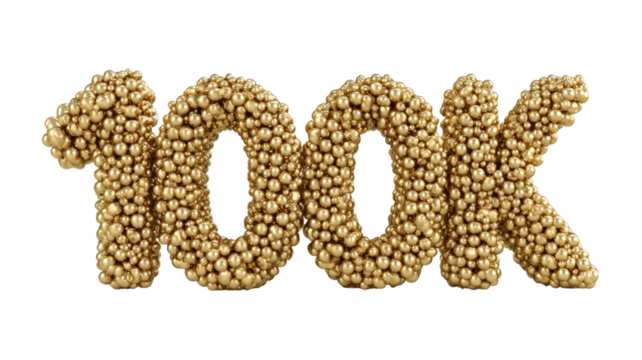 Golden balloons text 100k celebration number festive party decoration luxury event milestone success isolated on white background