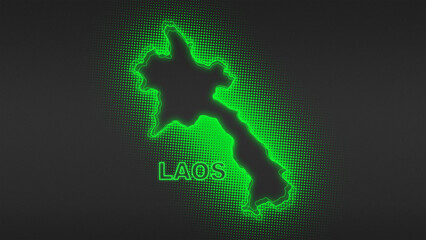Neon Green Laos Map Outline Futuristic Digital Glow Halftone Illustration