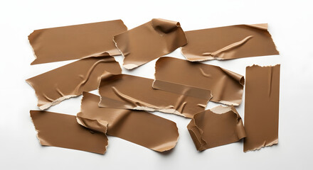 Collection of brown masking tape pieces isolated on white background, showcasing various shapes, sizes, and textures for creative use