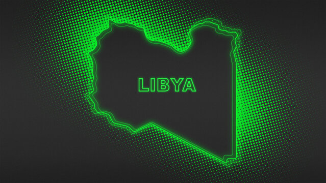 Neon Green Libya Map Outline Futuristic Digital Glow Halftone Illustration