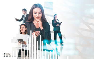 Business professionals using smartphones and tablets in a creative collage with abstract chart elements on white background, symbolizing tech and teamwork concept