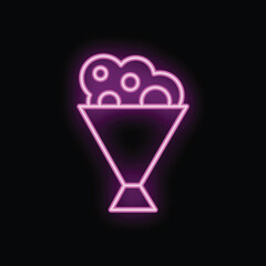 Neon sign of popcorn in paper cup glowing on black background, concept for cinema snack bar or fast food