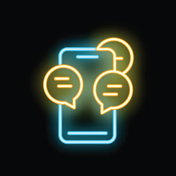 Neon sign depicting a smartphone with chat bubbles and a crescent moon, symbolizing late night communication