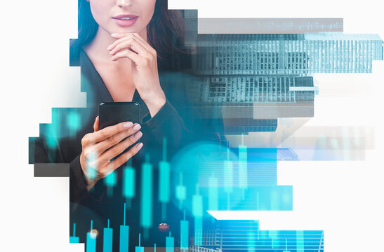 Woman holding phone with stock chart overlay, creative abstract style, futuristic cityscape background, concept of finance and technology integration