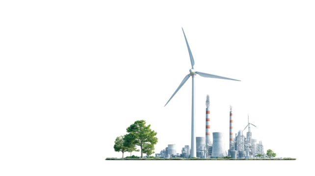 Wind turbine beside polluting power plant contrast of clean renewable energy and industrial pollution environment concept isolated on white background