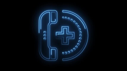 Glowing neon emergency hotline symbol animation on black background for medical assistance