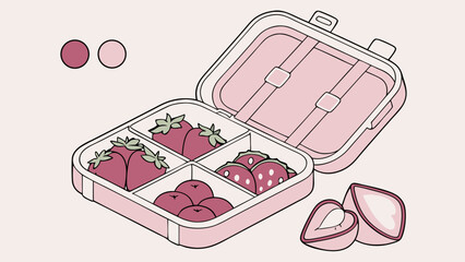 Pink Lunchbox with Strawberries and Berries Cute Cartoon Style Illustration for Kids Menu Food Blog Packaging Design.