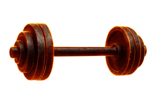 Rusty iron dumbbell glowing on transparent background