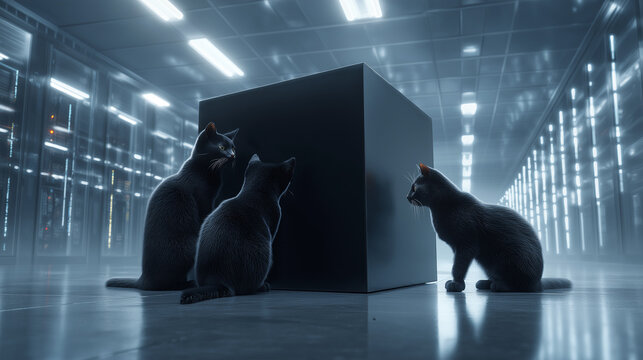 Curious cats exploring a mysterious black box in a futuristic data center, symbolizing AI, machine learning, and the mystery of the technological black box.