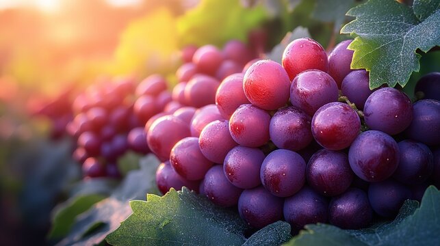 Close-Up of Red Grapes on Vine with Sunlight Filtering Through Leaves, Dark Purple Skin and Glossy Seeds Against Green Foliage - Powered by Adobe