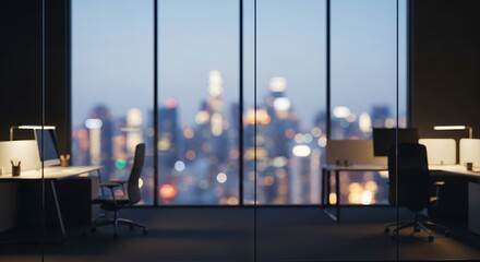 A contemporary office interior bathed in the soft glow of modern desk lamps, offering a captivating view of a vibrant, blurred city skyline at dusk or night through expansive floor-to-ceiling windows.