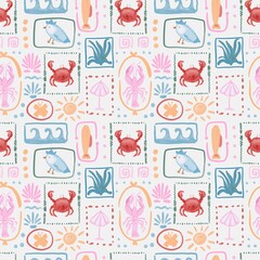 Hand drawn watercolor pattern. Seamless repeat seafood pattern. Coastal, sea, summer themed. On white background 