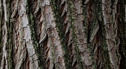 Obraz premium A detailed, close-up shot of weathered tree bark, showcasing its intricate, rugged texture and deep crevices. Patches of vibrant green moss or lichen cling to the surface, adding a natural contrast to