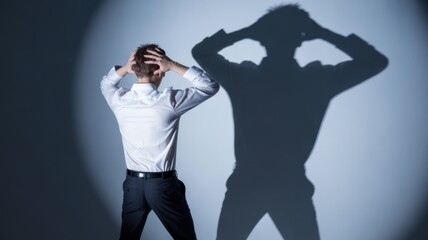 Inner Turmoil's Shadow: A man stands bathed in a poignant spotlight, his hands clutching his head in a gesture of profound stress, with his shadow.