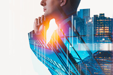 Side profile of a thinking businessman blended with modern cityscape and glowing financial graphs on white background, symbolizing innovation and strategy