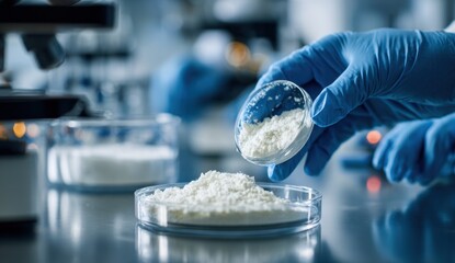 Scientist Handling Powdered Substance in Laboratory with Blue Gloves and Equipment