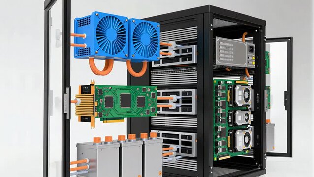 Exploded 3D render of a micro data center cabinet revealing AI accelerator cards, cooling modules, and batteries, showcasing modern computing hardware architecture and modular engineering.