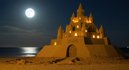 Majestic Sand Castle Towers Under the Full Moon on the Beach
