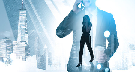 Business professionals talking on phones blended with skyscrapers in a double exposure style over a...