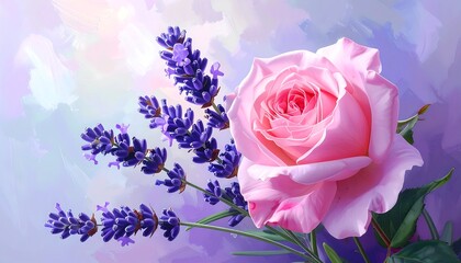 Pink rose and lavender sprigs in pastel color field