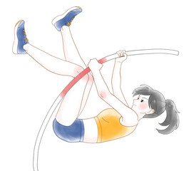棒高跳びをする女子の水彩風イラスト