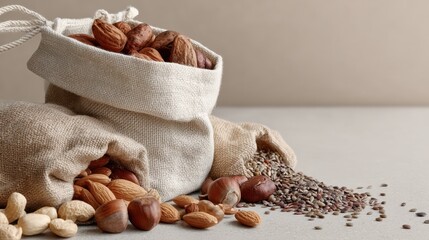 Burlap bags overflowing with mixed nuts and seeds on a neutral background