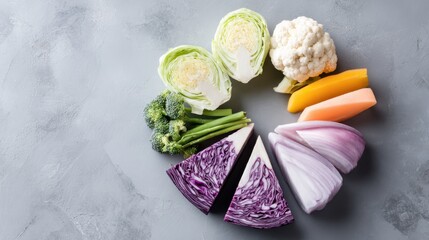 Assorted fresh vegetables arranged in a circular pattern on gray background