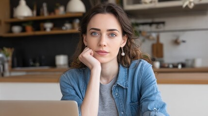 Female caucasian young adult in casual denim with thoughtful expression in modern kitchen. Independent and confident millennial.